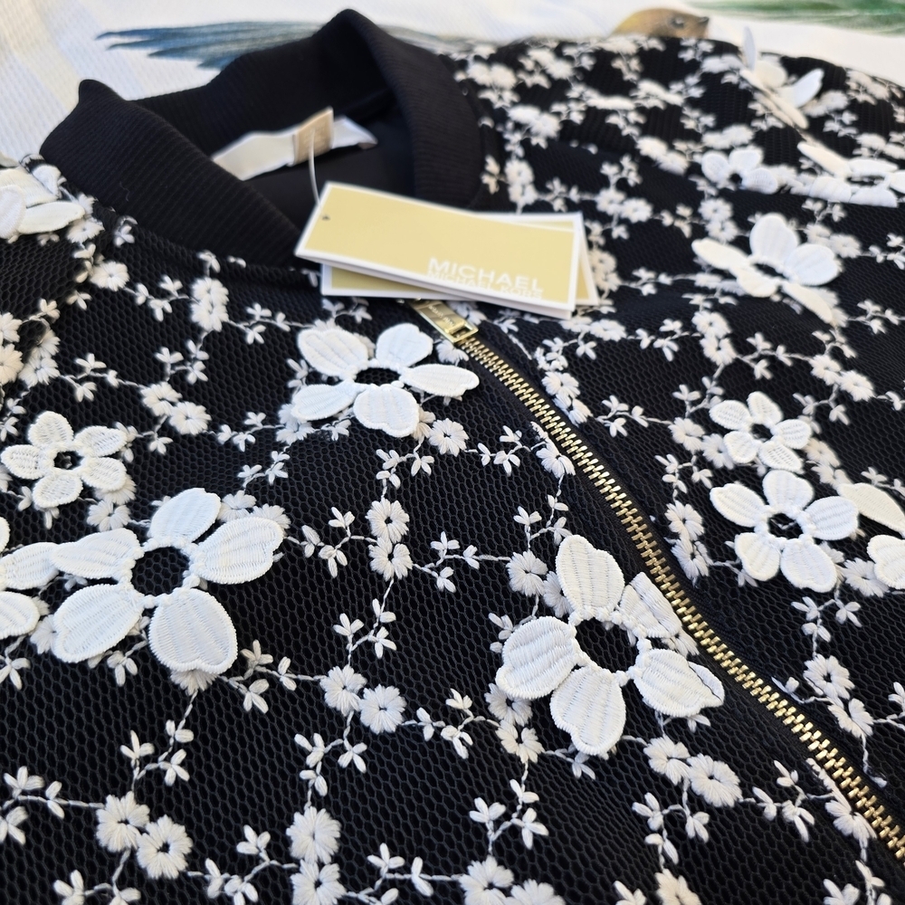 NWT Michael Michael Kors Floral Bomber Jacket Black White Size L $295 MSRP - Picture 6 of 7